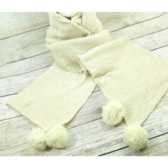 Women Scarf Cream W/Pom Pom Soft Comfy Warm Shawl Wrap Cowl Scarves Gift - Picture 1 of 10